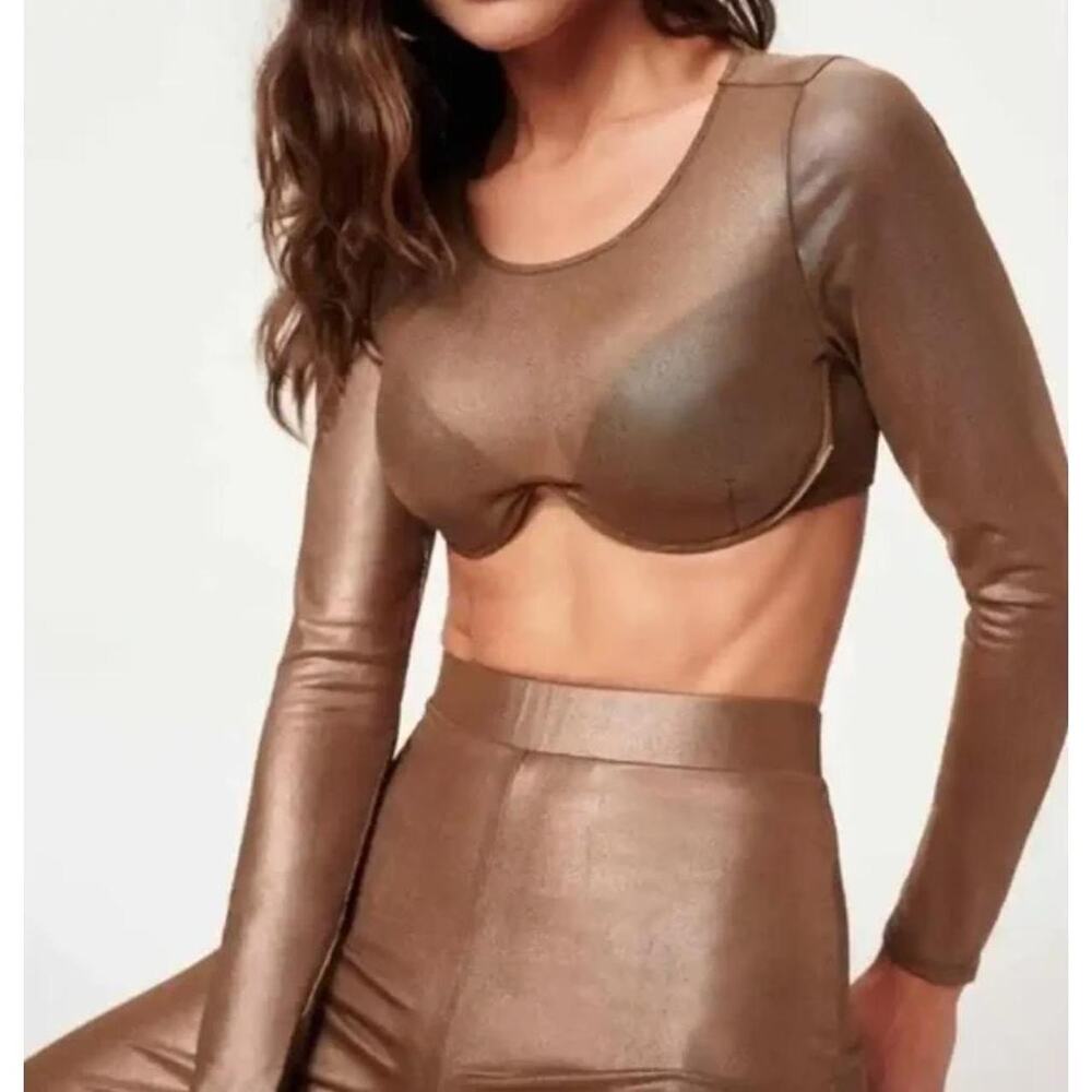 Good American Mocha Mesh Foil Underwire Long Sleeve Crop Top Swim Top Size 4